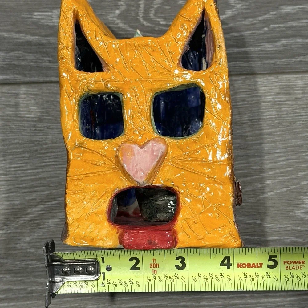 Handmade Ceramic Cat House Luminary Tealight Candle Holder‎ Orange Folk Art